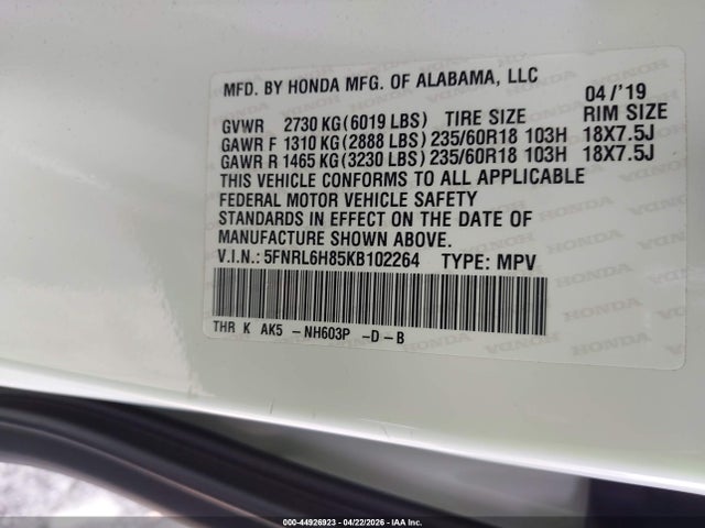 Honda Odyssey Touring 2019 5FNRL6H85KB102264 Image 9