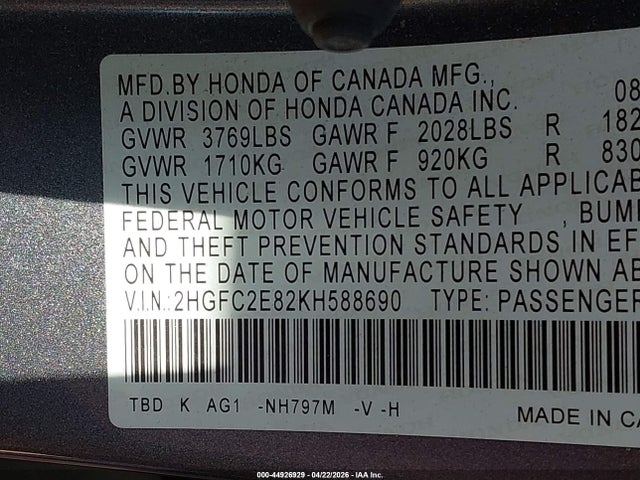 Продаж на аукціоні авто 2019 Honda Civic Sport, vin: 2HGFC2E82KH588690, номер лоту: 44926929