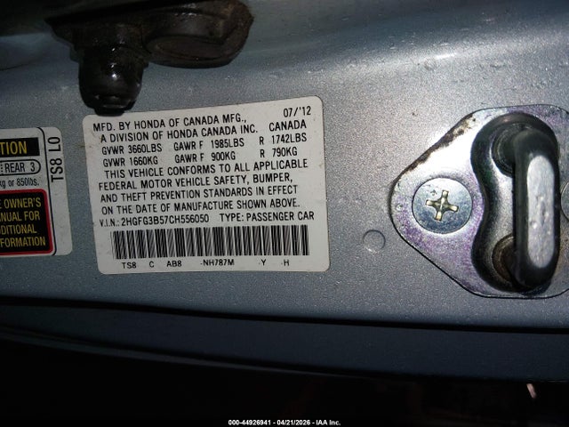 44926941 :رقم المزاد ، 2HGFG3B57CH556050 vin ، 2012 Honda Civic Lx مزاد بيع