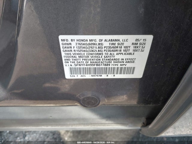 5FNYF4H99FB077889 Honda Pilot Touring