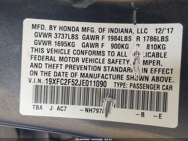 Aukcja sprzedaży 2018 Honda Civic Lx, vin: 19XFC2F52JE011090, numer aukcji: 44926952