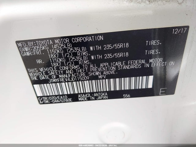 Aukcja sprzedaży 2018 Toyota Rav4 Limited, vin: JTMYFREV4JD115009, numer aukcji: 44926963