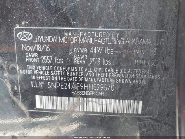Aukcja sprzedaży 2017 Hyundai Sonata, vin: 5NPE24AF9HH529570, numer aukcji: 44926970