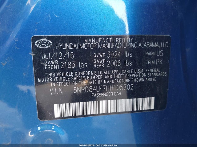 44926978 :رقم المزاد ، 5NPD84LF7HH105702 vin ، 2017 Hyundai Elantra Se مزاد بيع