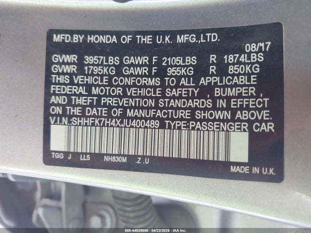 SHHFK7H4XJU400489 Honda Civic Sport