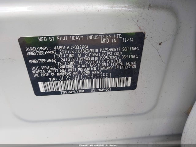 Aukcja sprzedaży 2015 Subaru Forester 2.5i Premium, vin: JF2SJAFC7FH553561, numer aukcji: 44927018