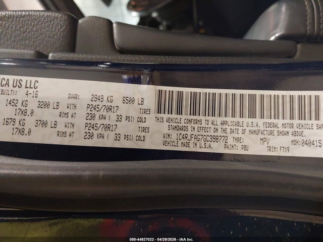 2016 Jeep Grand Cherokee Laredo მანქანა იყიდება აუქციონზე, vin: 1C4RJFAG7GC398772, აუქციონის ნომერი: 44927022
