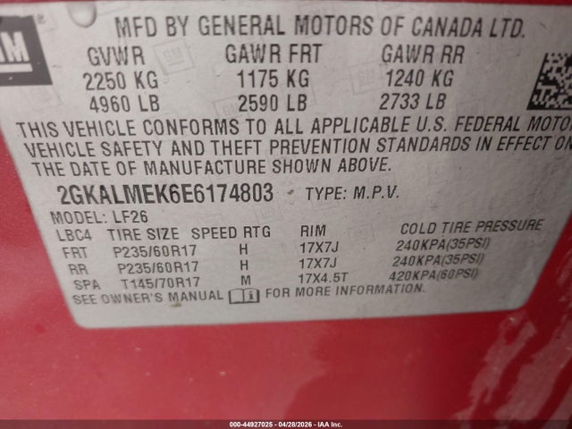 44927025 :رقم المزاد ، 2GKALMEK6E6174803 vin ، 2014 Gmc Terrain Sle-1 مزاد بيع
