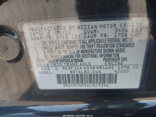 Продажа на аукционе авто 2016 Nissan Versa 1.6 S/1.6 S+/1.6 Sl/1.6 Sv, vin: 3N1CN7AP5GL819346, номер лота: 44927030