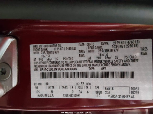 44927062 :رقم المزاد ، 1FMCU0J91GUA83998 vin ، 2016 Ford Escape Titanium مزاد بيع