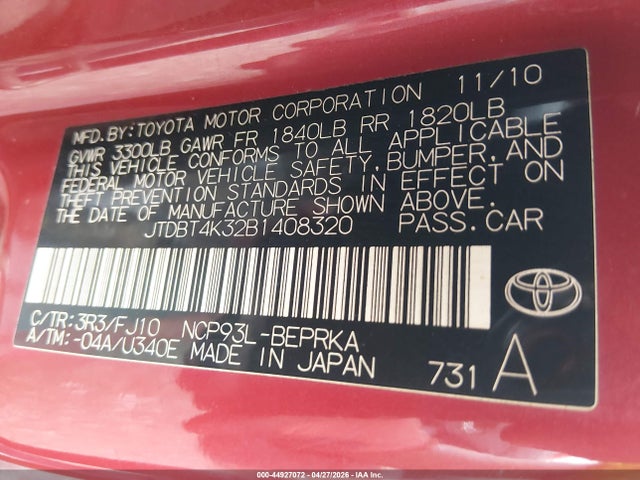 2011 Toyota Yaris მანქანა იყიდება აუქციონზე, vin: JTDBT4K32B1408320, აუქციონის ნომერი: 44927072