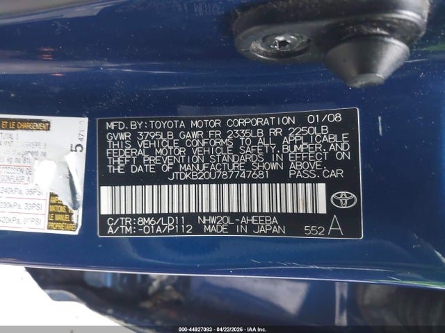Продажа на аукционе авто 2008 Toyota Prius, vin: JTDKB20U787747681, номер лота: 44927083