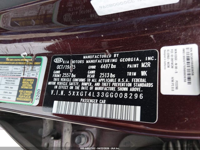44927102 :رقم المزاد ، 5XXGT4L33GG008296 vin ، 2016 Kia Optima Lx مزاد بيع