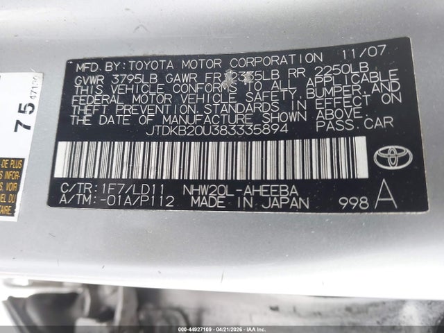 Aukcja sprzedaży 2008 Toyota Prius, vin: JTDKB20U383335894, numer aukcji: 44927109