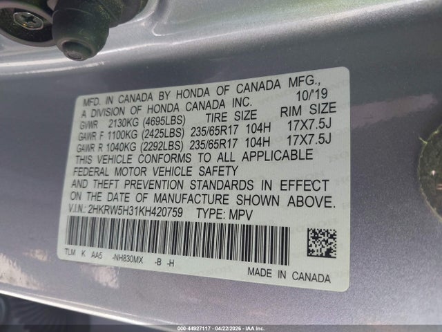 2019 Honda Cr-v Lx მანქანა იყიდება აუქციონზე, vin: 2HKRW5H31KH420759, აუქციონის ნომერი: 44927117