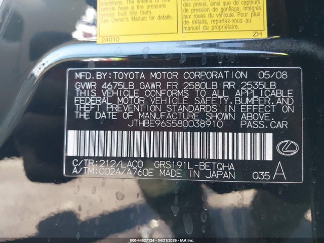 44927124 :رقم المزاد ، JTHBE96S580038910 vin ، 2008 Lexus Gs 350 مزاد بيع