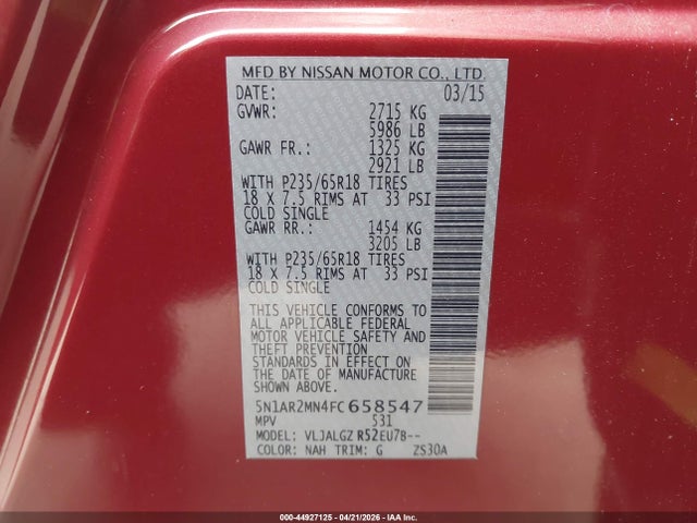 5N1AR2MN4FC658547 Nissan Pathfinder Sl