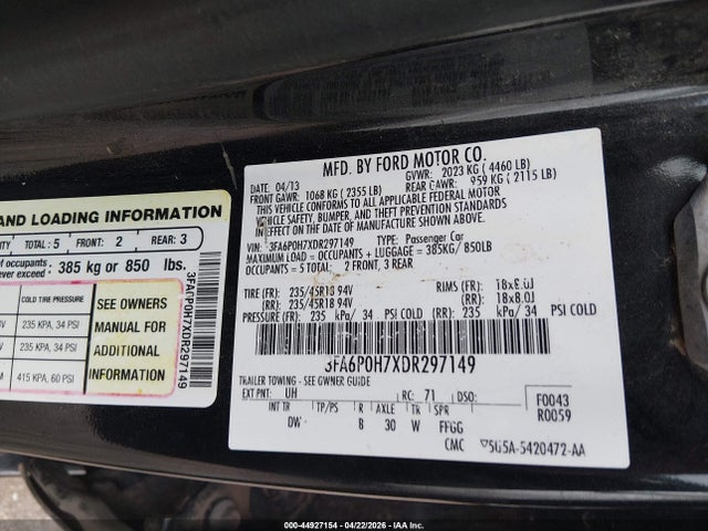 2013 Ford Fusion Se მანქანა იყიდება აუქციონზე, vin: 3FA6P0H7XDR297149, აუქციონის ნომერი: 44927154