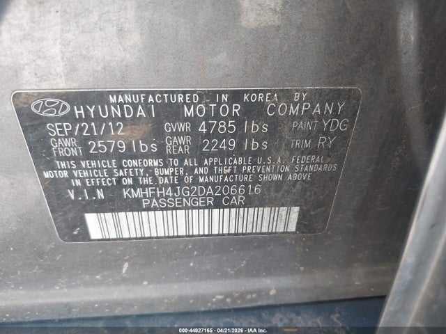 Aukcja sprzedaży 2013 Hyundai Azera, vin: KMHFH4JG2DA206616, numer aukcji: 44927165