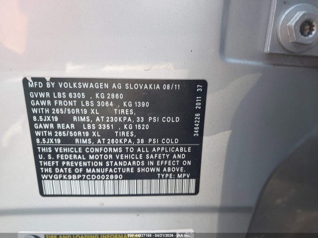 44927168 :رقم المزاد ، WVGFK9BP7CD002890 vin ، 2012 Volkswagen Touareg Tdi Lux مزاد بيع