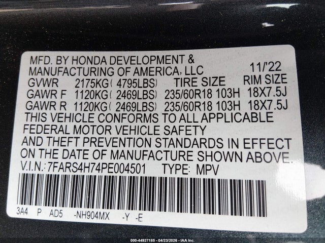 Продаж на аукціоні авто 2023 Honda Cr-v Ex-l Awd, vin: 7FARS4H74PE004501, номер лоту: 44927185