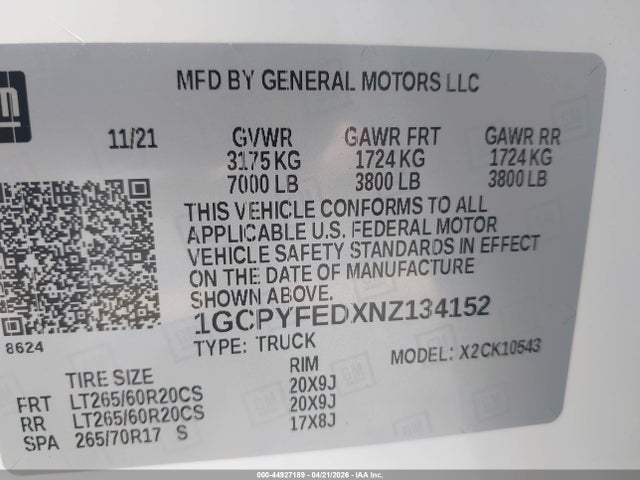 1GCPYFEDXNZ134152 Chevrolet Silverado 1500 Ltd 4wd Short Bed Lt Trail Boss