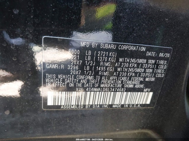 Aukcja sprzedaży 2020 Subaru Ascent Limited, vin: 4S4WMALD6L3474682, numer aukcji: 44927198