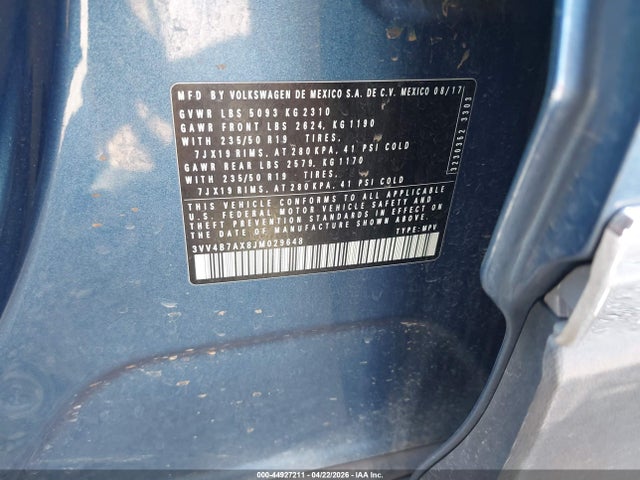 44927211 :رقم المزاد ، 3VV4B7AX8JM029648 vin ، 2018 Volkswagen Tiguan 2.0t Sel Premium مزاد بيع