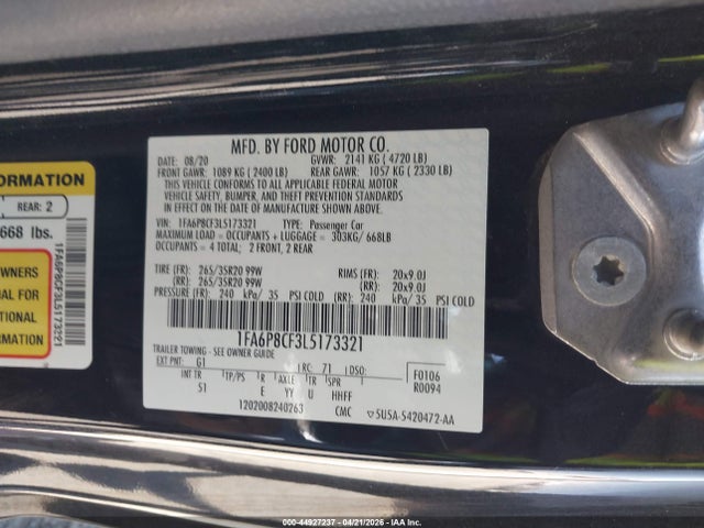 Продаж на аукціоні авто 2020 Ford Mustang Gt Premium Fastback, vin: 1FA6P8CF3L5173321, номер лоту: 44927237