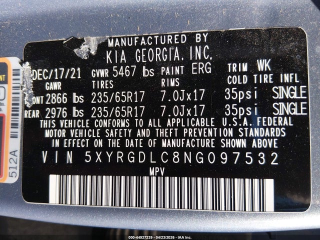 44927239 :رقم المزاد ، 5XYRGDLC8NG097532 vin ، 2022 Kia Sorento Lx مزاد بيع