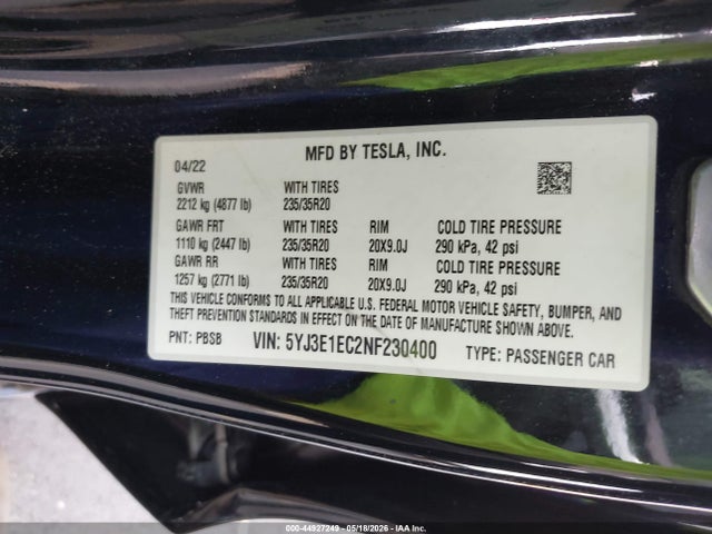 Tesla Model 3 Performance Dual Motor All-wheel Drive 2022 5YJ3E1EC2NF230400 Image 9