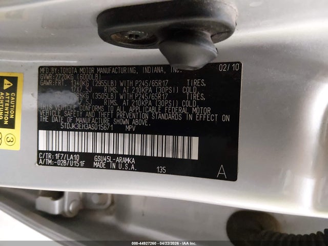 2010 Toyota Highlander Se V6 მანქანა იყიდება აუქციონზე, vin: 5TDJK3EH3AS015671, აუქციონის ნომერი: 44927260