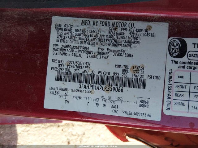 Продажа на аукционе авто 2012 Ford Fusion Sel, vin: 3FAHP0JA2CR339066, номер лота: 44927261