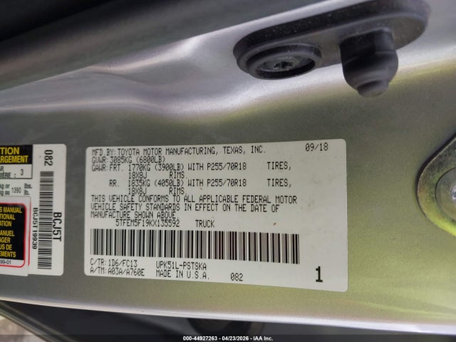 Aukcja sprzedaży 2019 Toyota Tundra Sr5 4.6l V8, vin: 5TFEM5F19KX135592, numer aukcji: 44927263