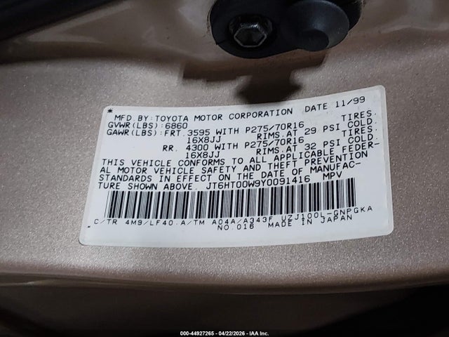 44927265 :رقم المزاد ، JT6HT00W9Y0091416 vin ، 2000 Lexus Lx 470 مزاد بيع