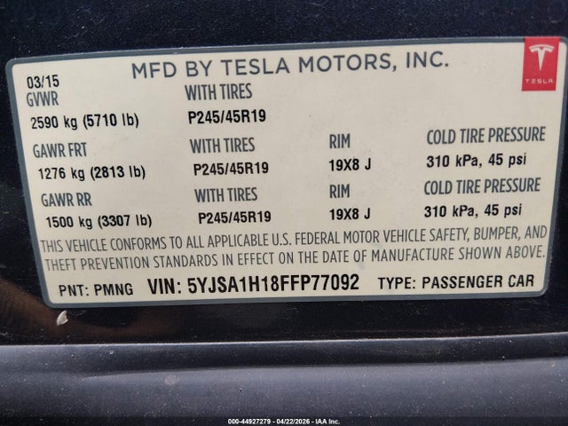 Tesla MODEL S 2015 5YJSA1H18FFP77092 Image 9