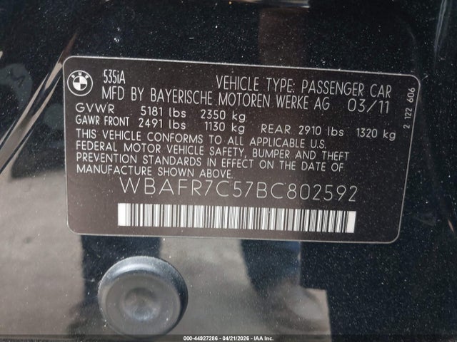 Продаж на аукціоні авто 2011 Bmw 535i, vin: WBAFR7C57BC802592, номер лоту: 44927286