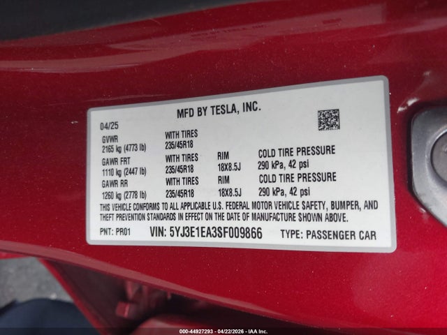 5YJ3E1EA3SF009866 Tesla Model 3 Long Range Rear-wheel Drive/standard Rear-wheel Drive