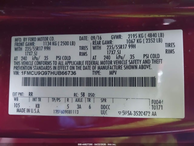 Ford ESCAPE SE 2017 1FMCU9G97HUB66736 Image 9