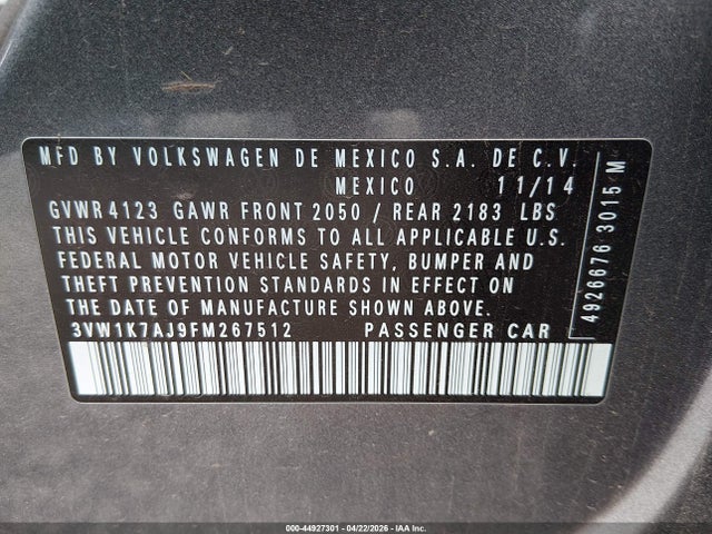 2015 Volkswagen Jetta 2.0l S მანქანა იყიდება აუქციონზე, vin: 3VW1K7AJ9FM267512, აუქციონის ნომერი: 44927301