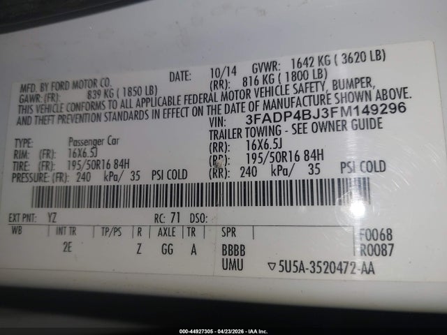 Продаж на аукціоні авто 2015 Ford Fiesta Se, vin: 3FADP4BJ3FM149296, номер лоту: 44927305