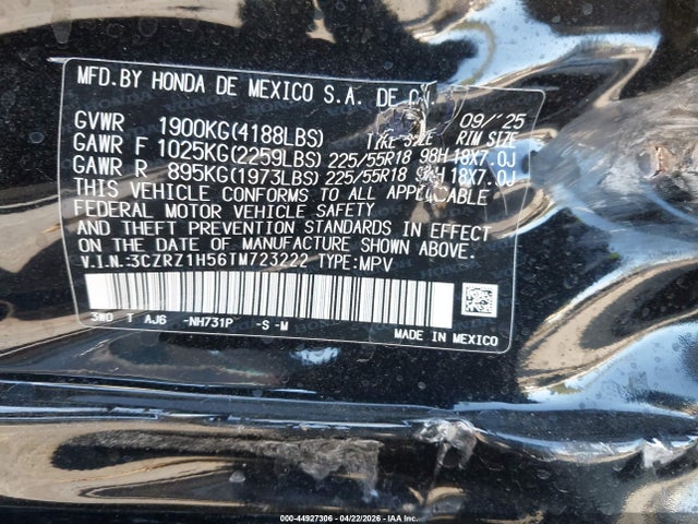 Продажа на аукционе авто 2026 Honda Hr-v 2wd Sport, vin: 3CZRZ1H56TM723222, номер лота: 44927306