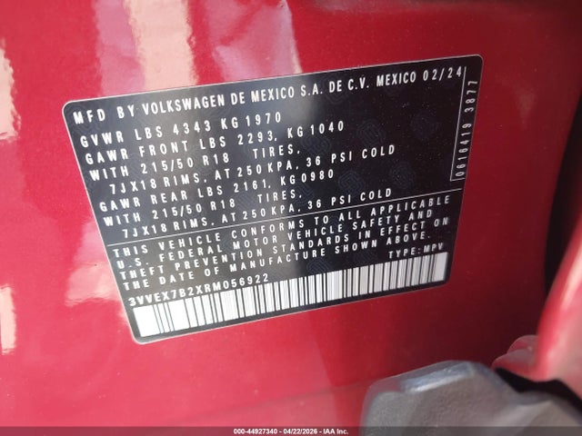 2024 Volkswagen Taos 1.5t Se მანქანა იყიდება აუქციონზე, vin: 3VVEX7B2XRM056922, აუქციონის ნომერი: 44927340