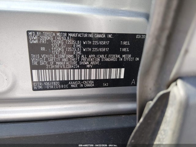 44927350 :رقم المزاد ، 2T3H1RFV1LC064234 vin ، 2020 Toyota Rav4 Le مزاد بيع