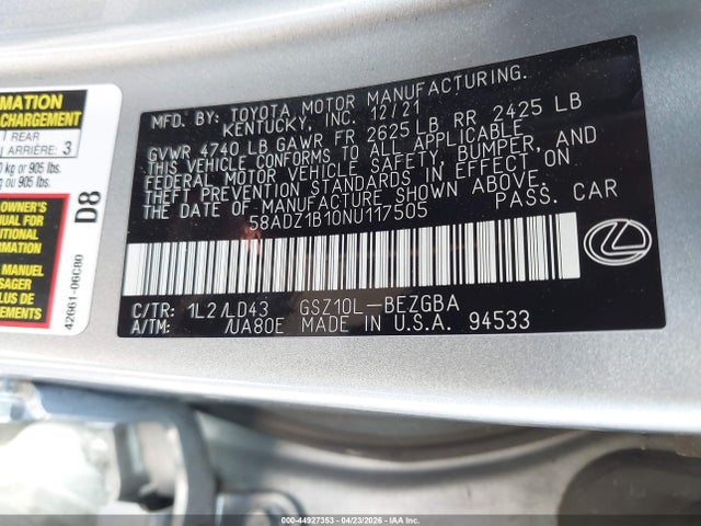 44927353 :رقم المزاد ، 58ADZ1B10NU117505 vin ، 2022 Lexus Es 350 مزاد بيع
