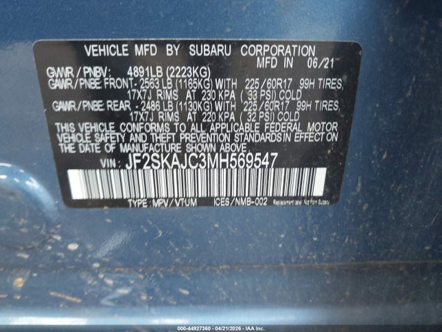 Aukcja sprzedaży 2021 Subaru Forester Premium, vin: JF2SKAJC3MH569547, numer aukcji: 44927360