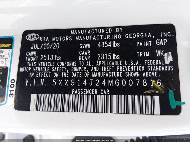 Aukcja sprzedaży 2021 Kia K5 Lxs, vin: 5XXG14J24MG007816, numer aukcji: 44927368