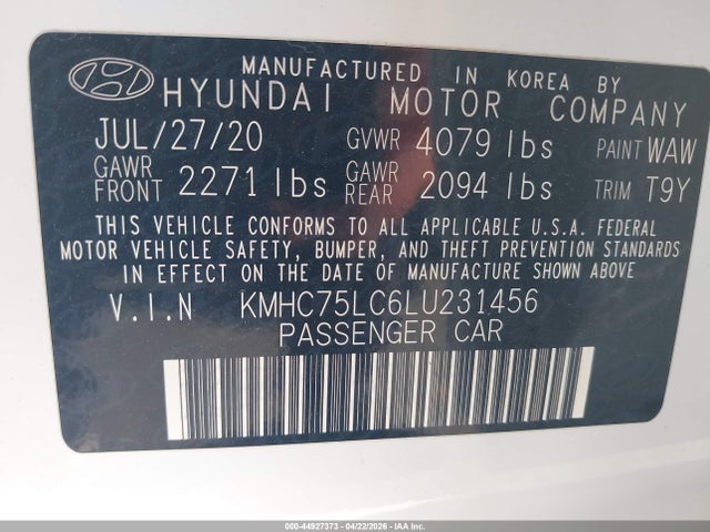 KMHC75LC6LU231456 Hyundai Ioniq Hybrid Se