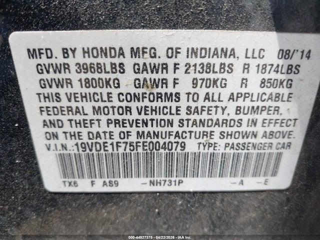Auction sale of the 2015 Acura Ilx 2.0l, vin: 19VDE1F75FE004079, lot number: 44927375