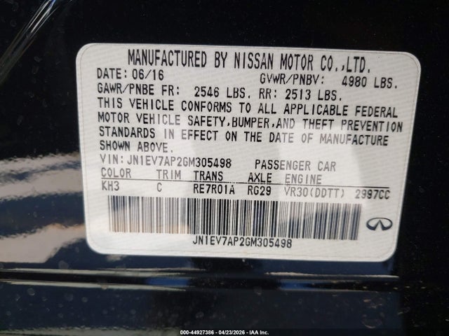 44927386 :رقم المزاد ، JN1EV7AP2GM305498 vin ، 2016 Infiniti Q50 3.0t Premium مزاد بيع